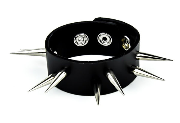 2 Row Tall 1-1/2" Silver Spike Leather Wristband Bracelet